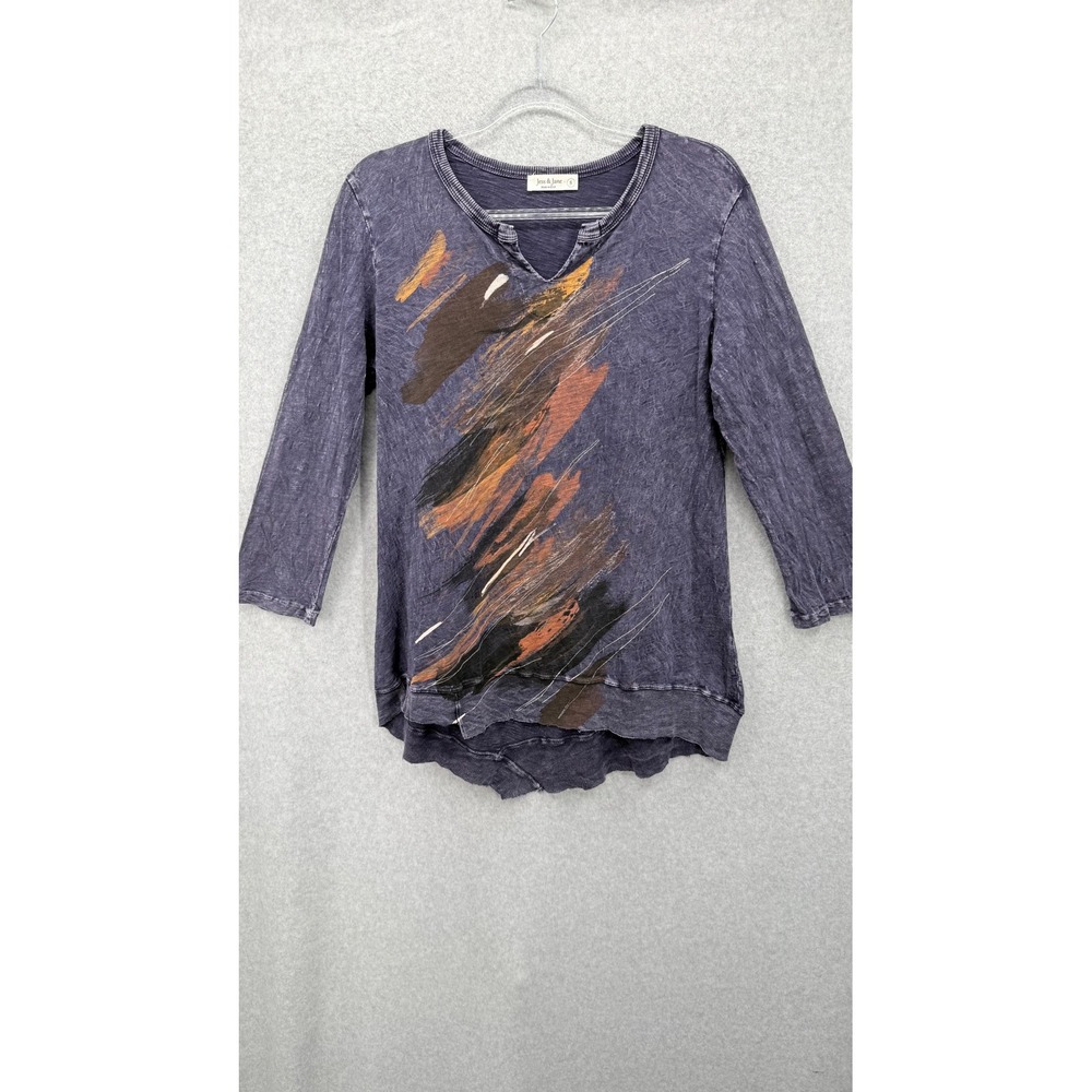 Jess & Jane Top Women Small Purple Abstract Art Slub Knit 3/4 Sleeve V-Neck